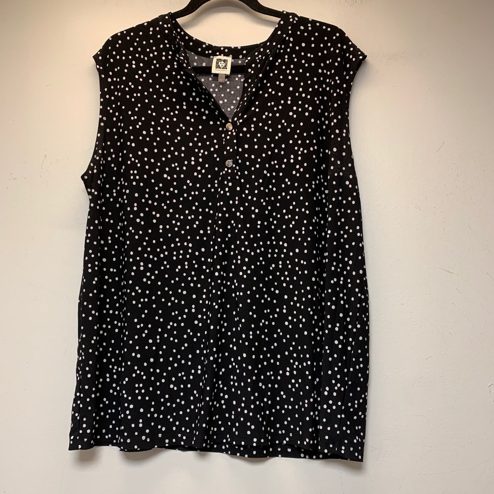 Anne Klein Sleeveless Top Women 1X Black Polka Dot Excellent V-Neck Blouse